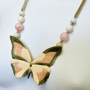 Vintage Enamel Huge Butterfly Earth Gold Tone Beads Pendant Necklace OOAK 1054